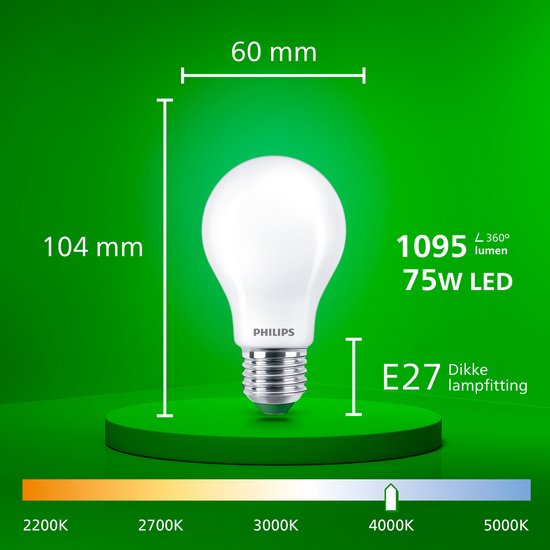 Philips LED-lamp E27, 104mm hoog, 60mm breed, 1095 lumen, 75W, koelwit 4000K.