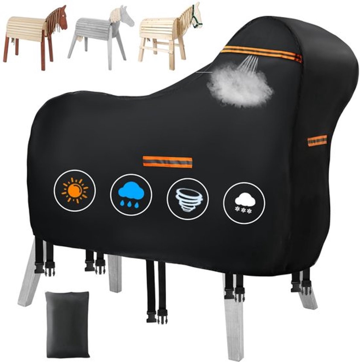 Afdekking voor houten paard, waterdicht, outdoor, 420D Oxford houten paard voor buiten, afdekzeilen, uv-bestendig, universeel tuinpaard, afdekzeil met waterdichte strepen en 5 reflecterende strepen