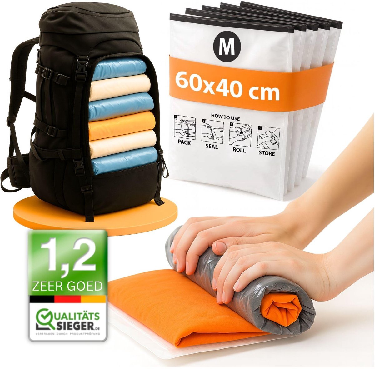 Dailygoods- Vacuümzakken Oprolbaar zonder Ventiel - 8 Stuks - Maat M 60 x 40 cm - Compress