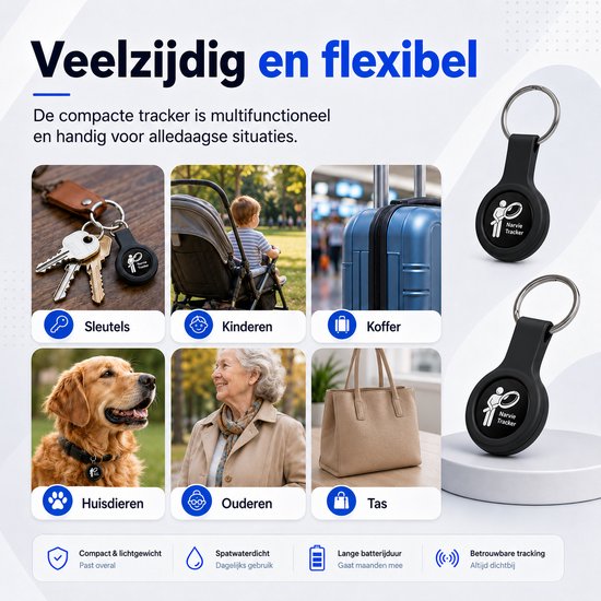 Een zwarte ronde tracker aan een sleutelhanger met het Narvie Tracker logo. Twee stuks worden getoond.