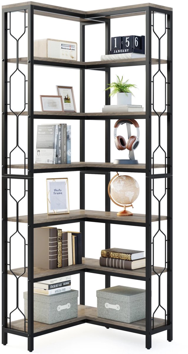 NordHaus Hoekboekenkast Industrieel – 7-Laagse Hoekboekenplank – Open Hoekkast met Metalen Frame – Opbergrek voor Woonkamer – Grijs – 60 x 60 x 200 cm