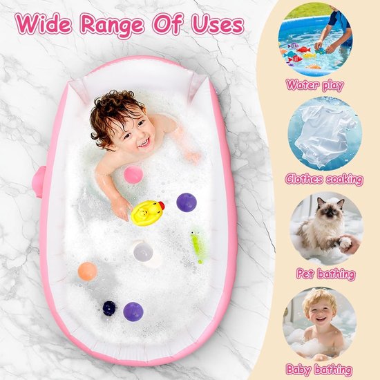 Opblaasbaar babybadje, draagbaar peuterbad, babybad met luchtpomp, inklapbaar, antislip, babybad, reisbad voor baby, opvouwbare douchebak, mini-luchtzwembad, douchebak (roze) — afbeelding 3
