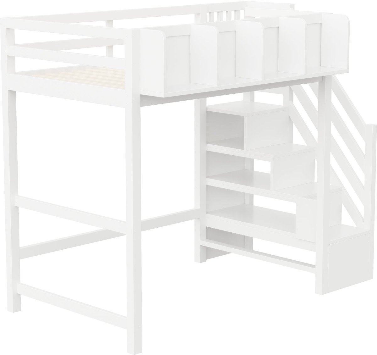 Merax Hoogslaper 90x200 cm - Houten Kinderbed - Met Veiligheidshek - Opbergvakken - Trap met Opbergruimte - LED Verlichting - Wit - Zonder Matras