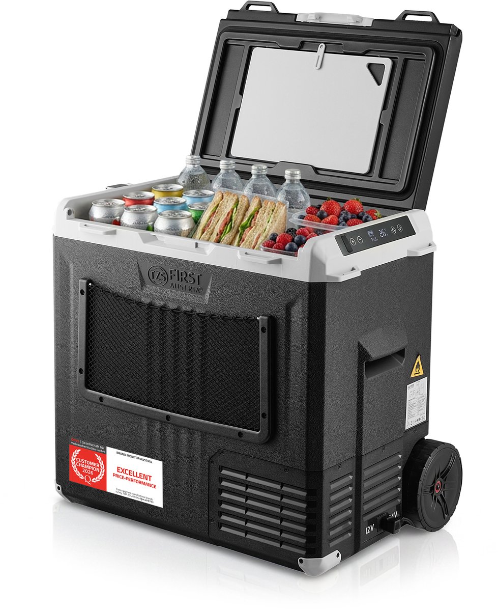 TZS First Austria Compressor Koelbox - 50L - Koelt tot -20°C - AC/DC 12V 24V 230V - App-bediening & Trolleyfunctie - 3-Traps Accubeveiliging
