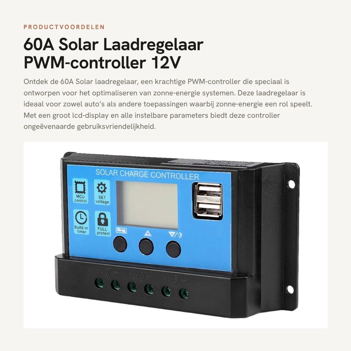 Dailygoods - 60A Solar Laadregelaar - PWM-controller - 12V 24V - LCD-display - Veiligheidsfuncties - Geschikt voor Auto en Zonne-energie