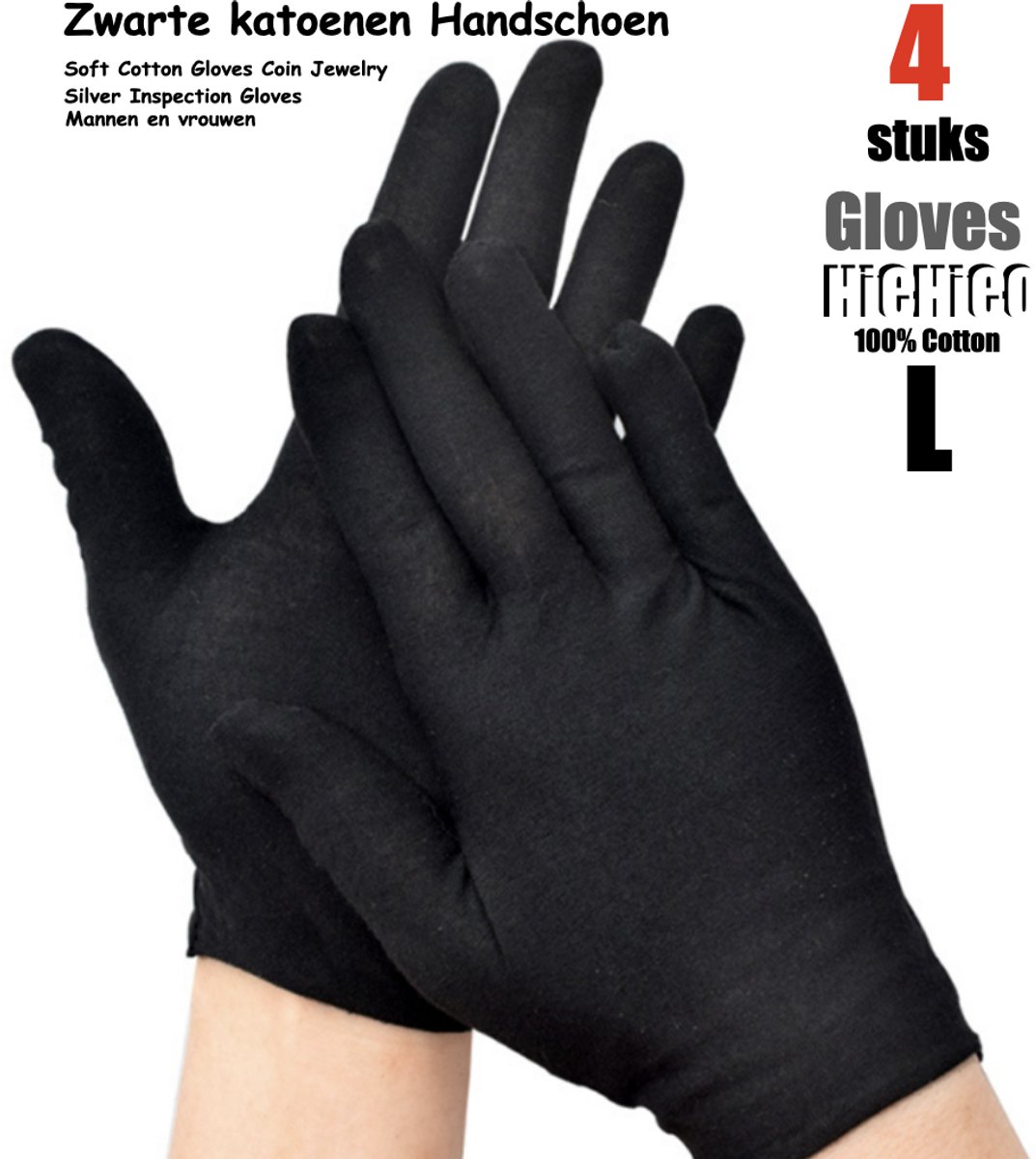 Katoenen handschoenen Zwart L - 4Stuks/2Paar Beschermende Handschoenen - Gezondheidszorg - Ziekenhuis - Beauty Center - Kapper - Salon Spa Tattoo – Jewelry - Eczeem - Allergie - Handcrème - Juweliers - Munt handschoen