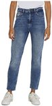 Blauwe denim jeans met een stonewashed effect. Rechte pasvorm, tot op de enkel, gedragen door een model.