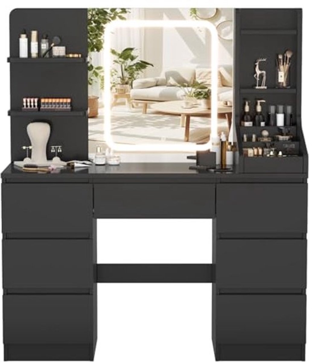 Moderne Kaptafel met LED Spiegel en Verlichting, 4 Planken en 7 Laden