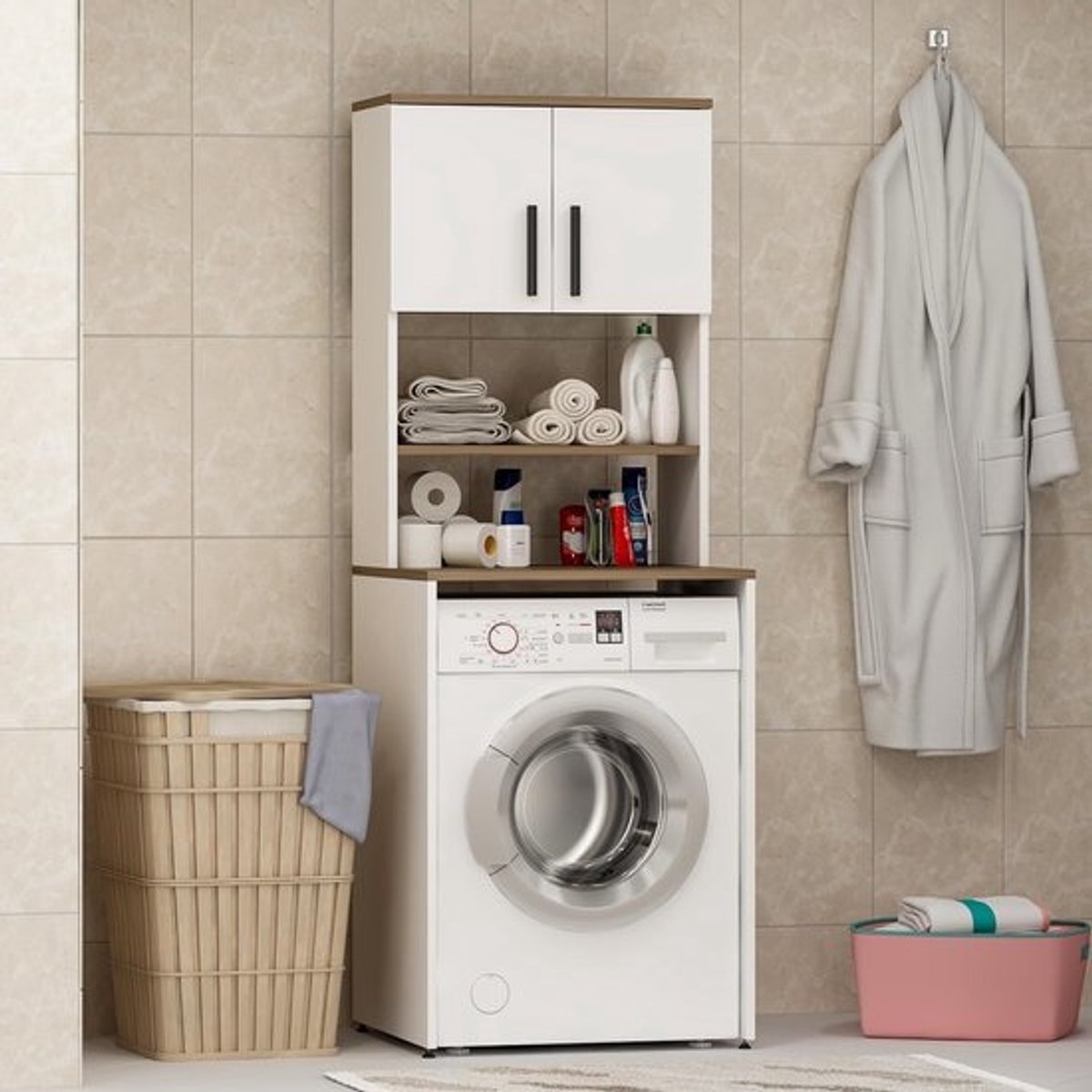 Waskast voor Wasmachine en Droger - Hoge Badkamerkast voor Keuken en Badkamer 182 x 65 x 60 cm (Wit/Eiken) - Ruimtebesparend en Stijlvol Design