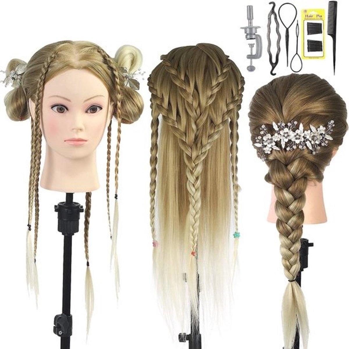 Styling Hoofd voor Kappers - 66 cm Training Hoofd met Wimpers en Vlecht Set