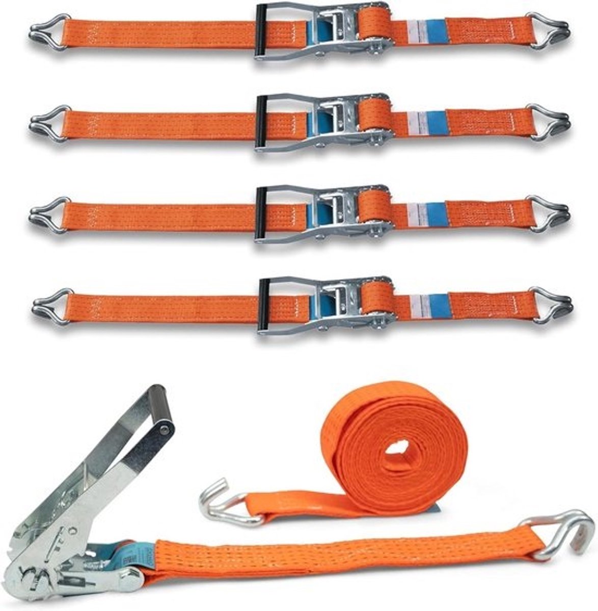 Spanbanden Set - Bevestigingsbanden Ratel - Vracht Zekeren - Hoge trekkracht - 50mm x 6m - Oranje