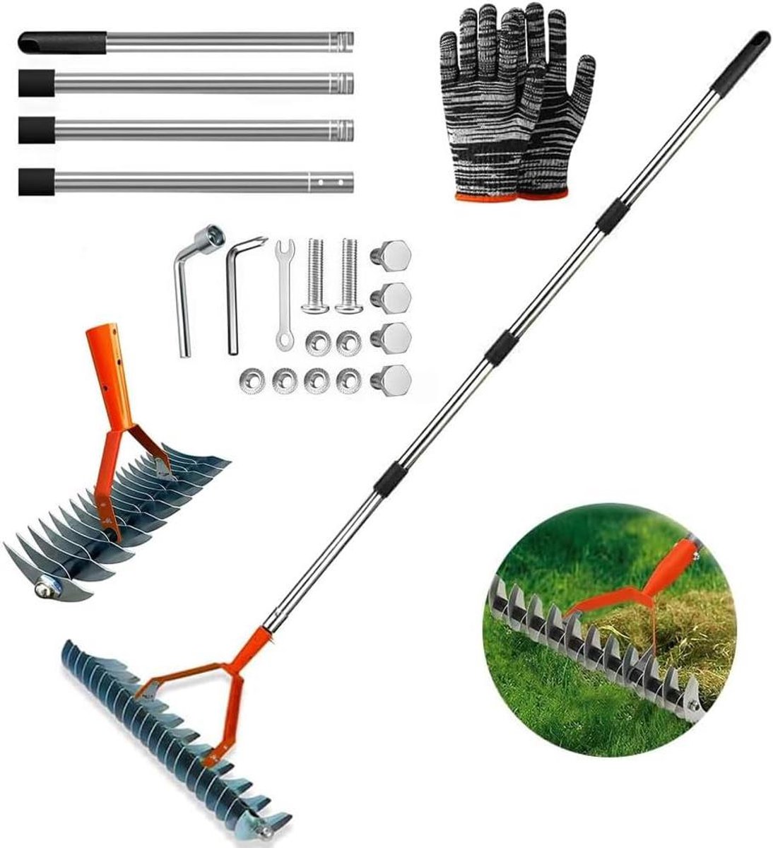 Verticuteer hark - Gazon hark - Gazon onderhoud - Dubbelzijdig tandenontwerp - 170 cm - Oranje