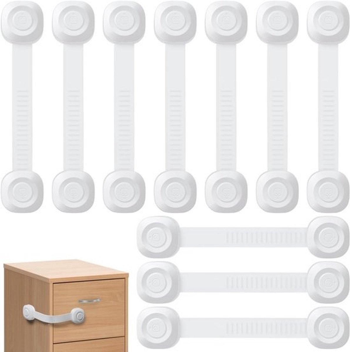 Kindveilige Lade- en Kastsloten met Kleefband - 10 Stuks, Verstelbare Slotjes voor Keukenkasten, Koelkasten en Toiletten