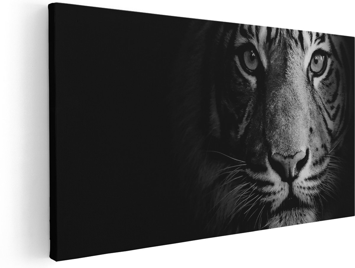 Artaza Canvas Schilderij Tijgerkop - Tijger - Zwart Wit - 140x70 cm - Groot - Wanddecoratie Woonkamer - Schilderijen - Muurdecoratie