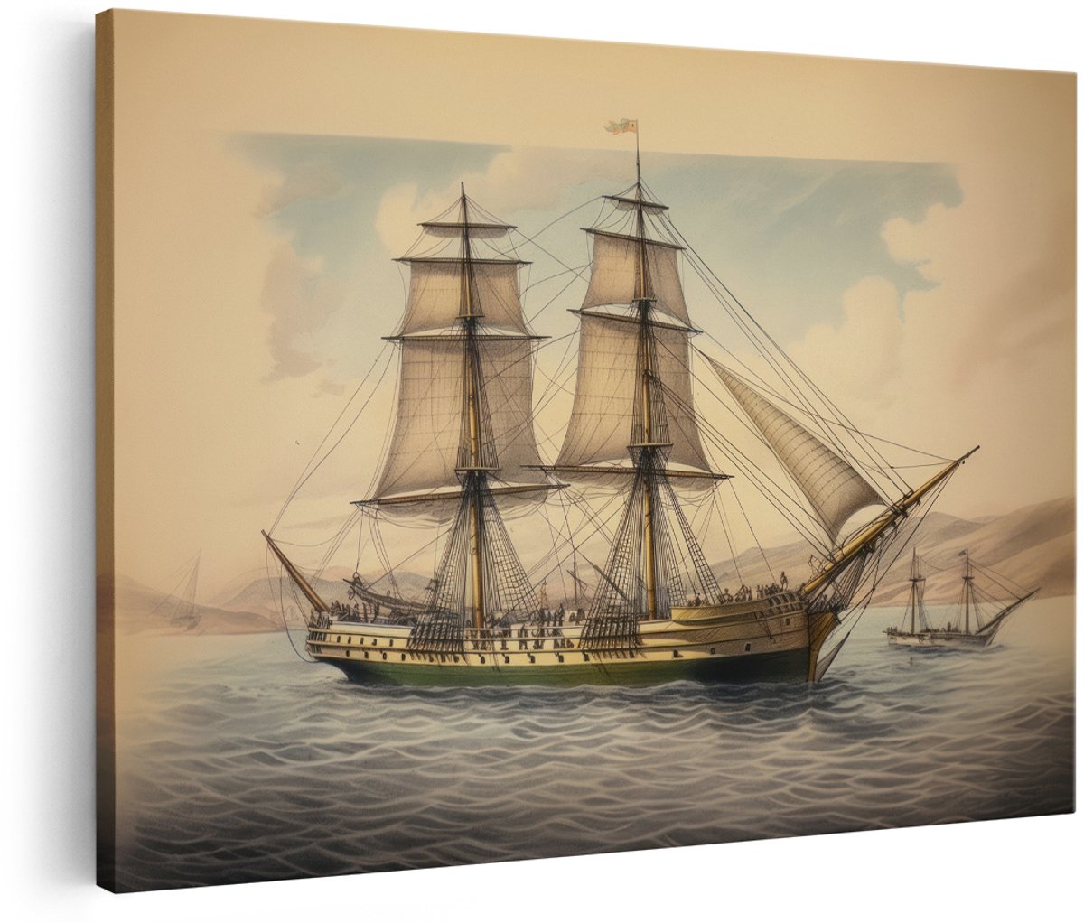 Artaza Canvas Schilderij Zeilschip - 150x100 cm - Groot - Wanddecoratie Vintage Zee - Muurdecoratie Boot - Schilderijen Op Canvas Landschap