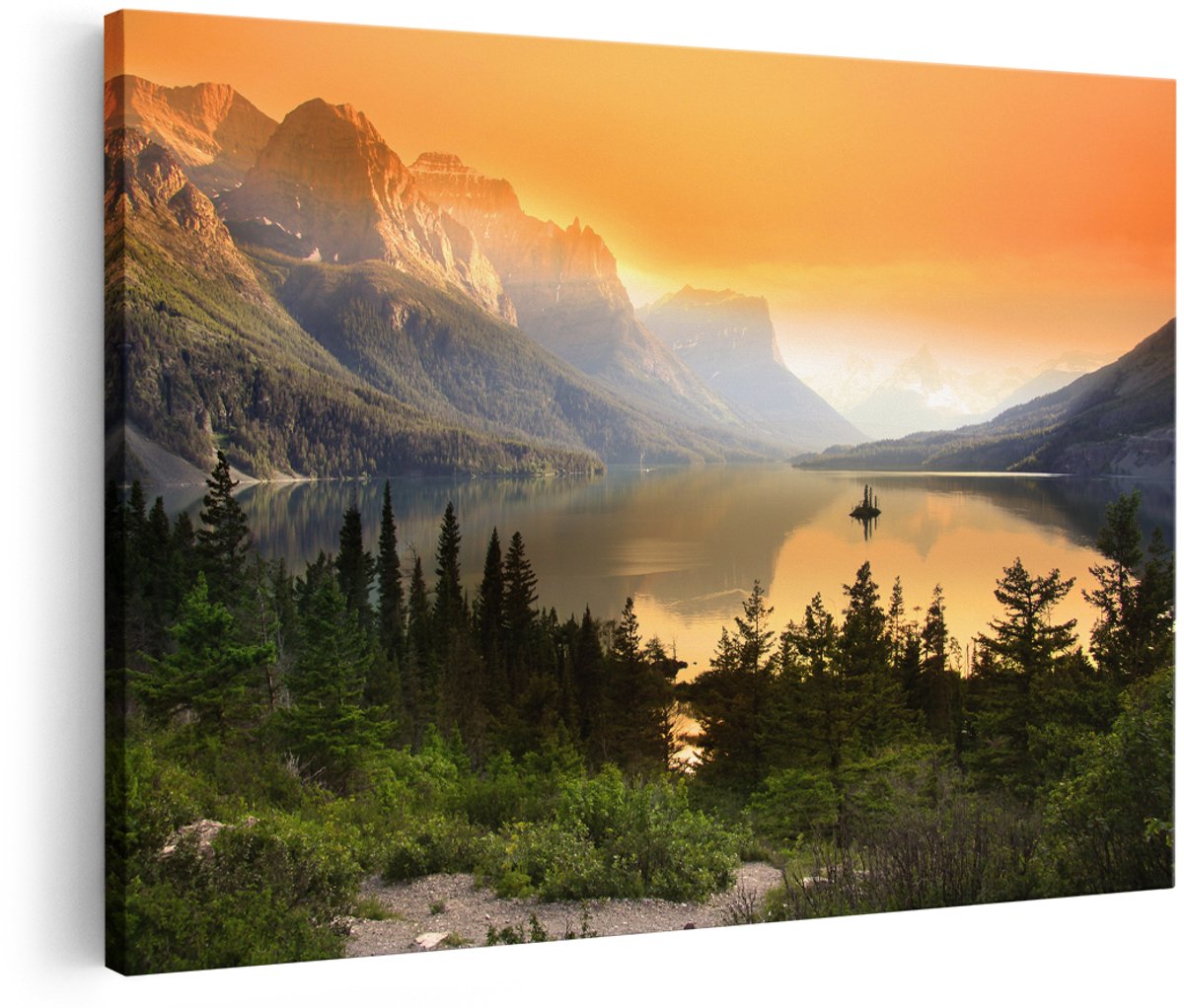 Artaza Canvas Schilderij Bergen Met Een Meer In Nationaal Park Glacier - 150x100 cm - Groot - Wanddecoratie Woonkamer - Schilderijen - Muurdecoratie