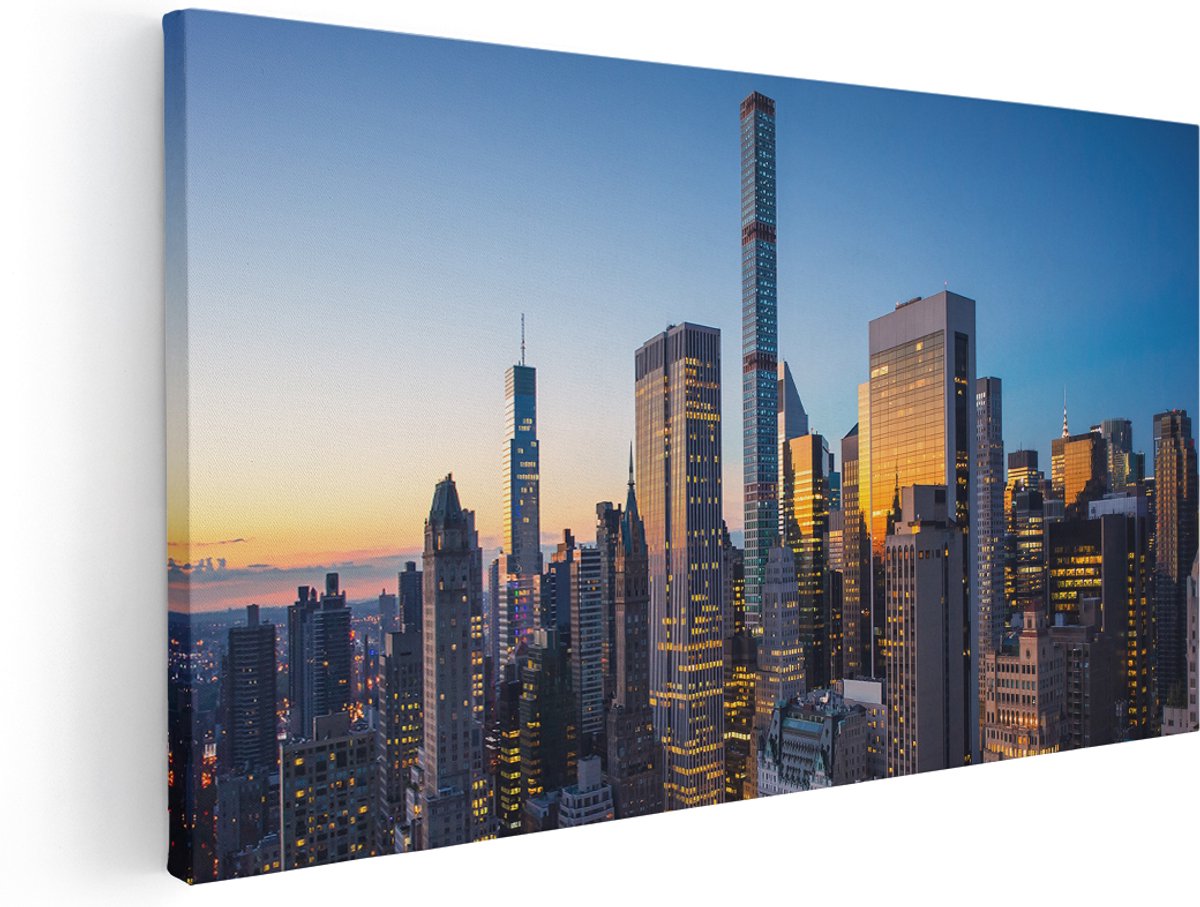 Artaza Canvas Schilderij New York Bij Zonsopgang - 140x70 cm - Groot - Wanddecoratie Woonkamer - Schilderijen - Muurdecoratie