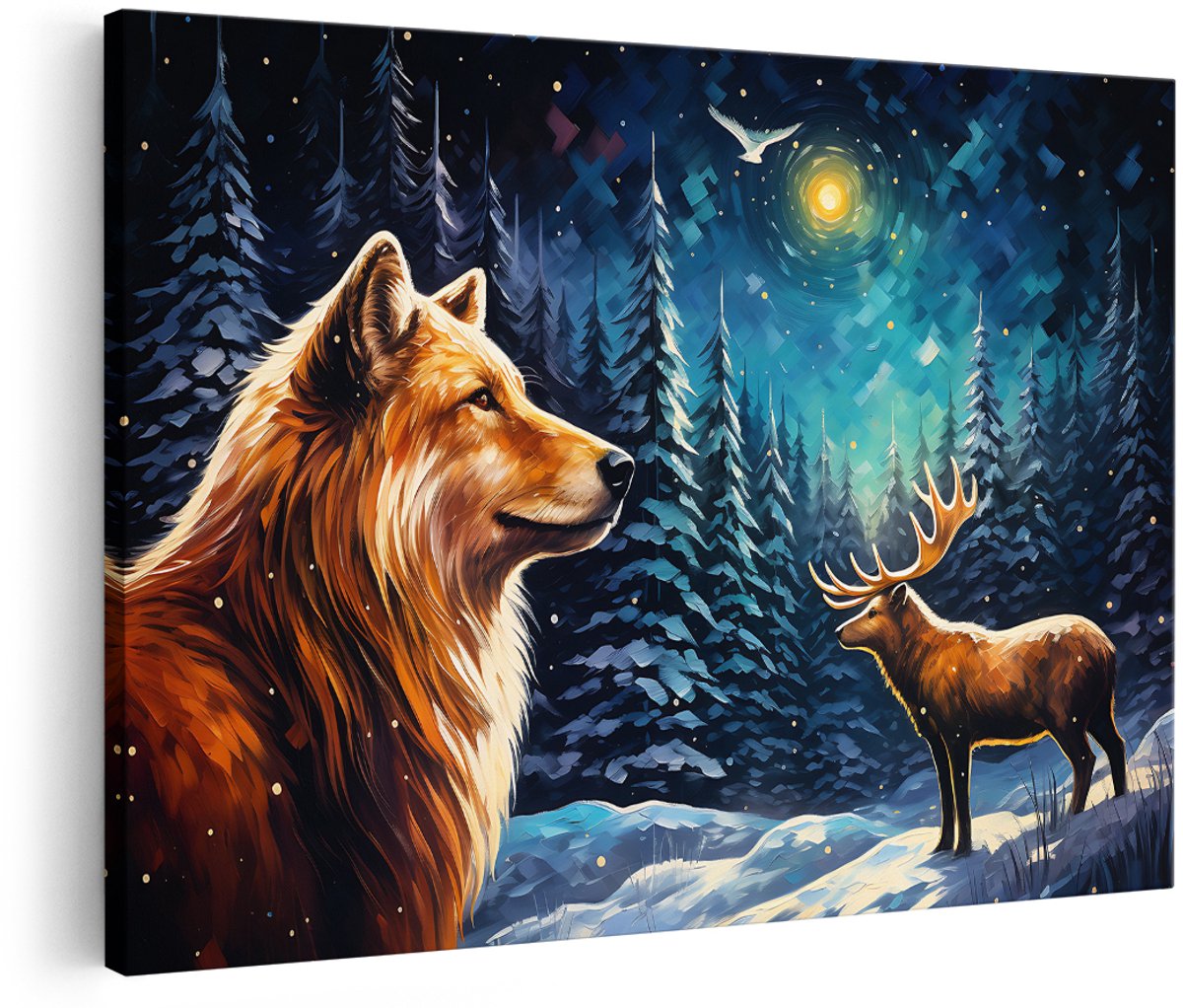 Artaza Canvas Schilderij Hond en Hert in het Winterbos - 150x100 cm - Groot - Foto Op Canvas - Wanddecoratie Woonkamer