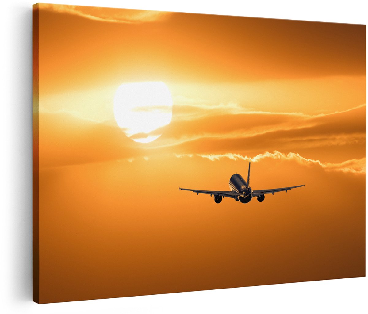 Artaza Canvas Schilderij Vliegtuig Bij Zonsondergang - 150x100 cm - Groot - Wanddecoratie Woonkamer - Schilderijen - Muurdecoratie