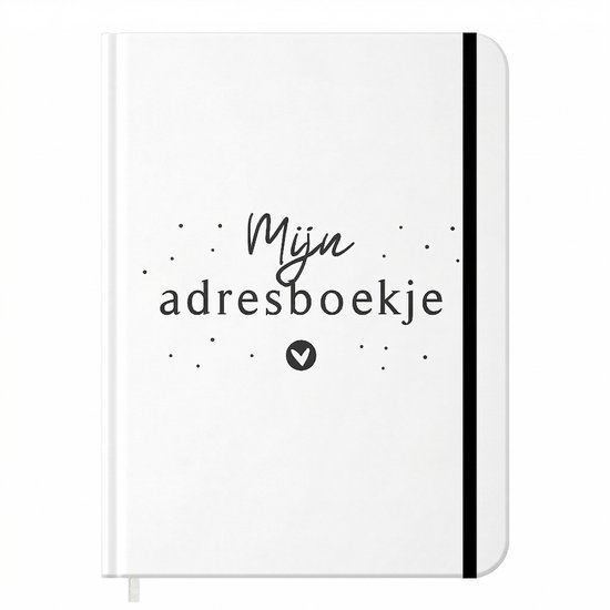 Wit adresboekje met zwarte tekst 'Mijn adresboekje' en een hartje.