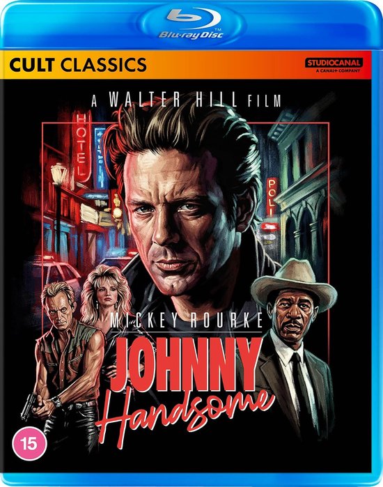 Blu-ray hoes van Johnny Handsome met Mickey Rourke centraal en de titel in rode letters. Achtergrond is een neonverlichte stad.
