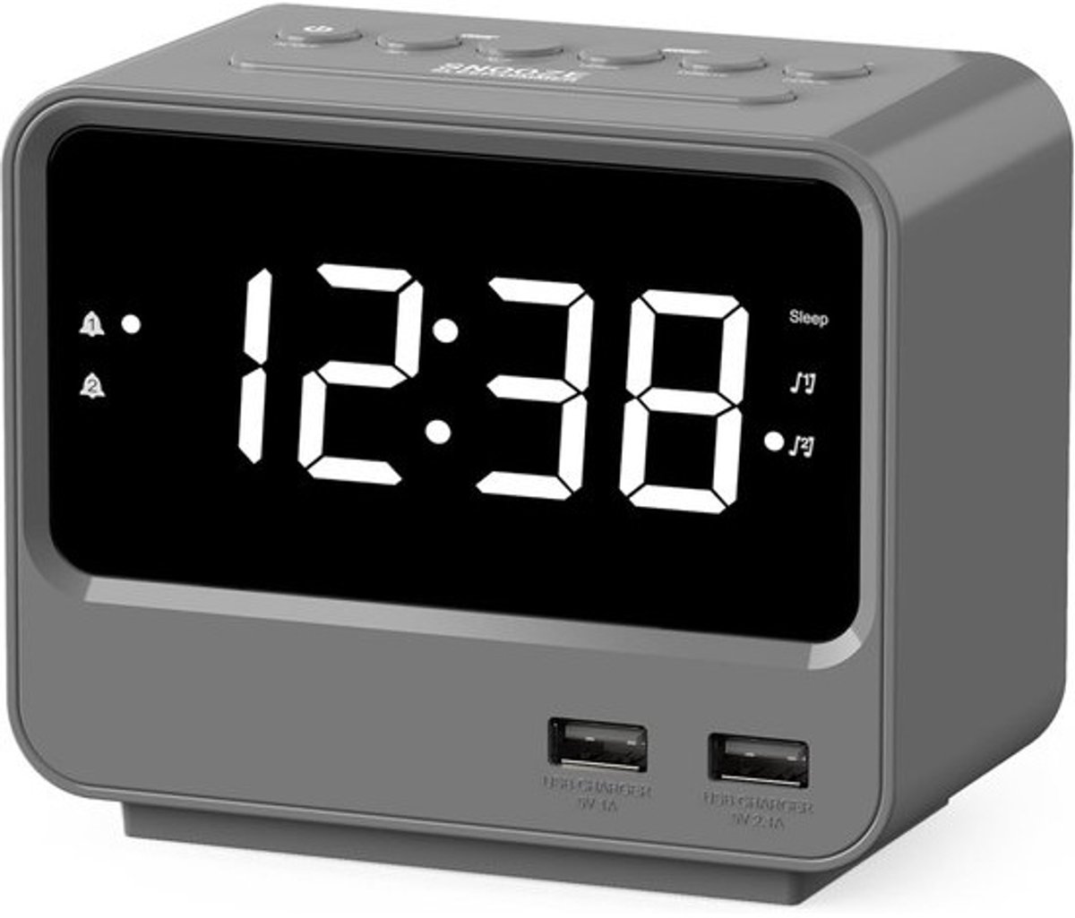 iTOMA Radio Alarm Clock for Bedroom with Two USB Charging Ports, Large Digits with Adjustable Brightness, Digital FM Radio for Bedside Table with Sleep Timer, White Digital LED Clock A23 (Black)