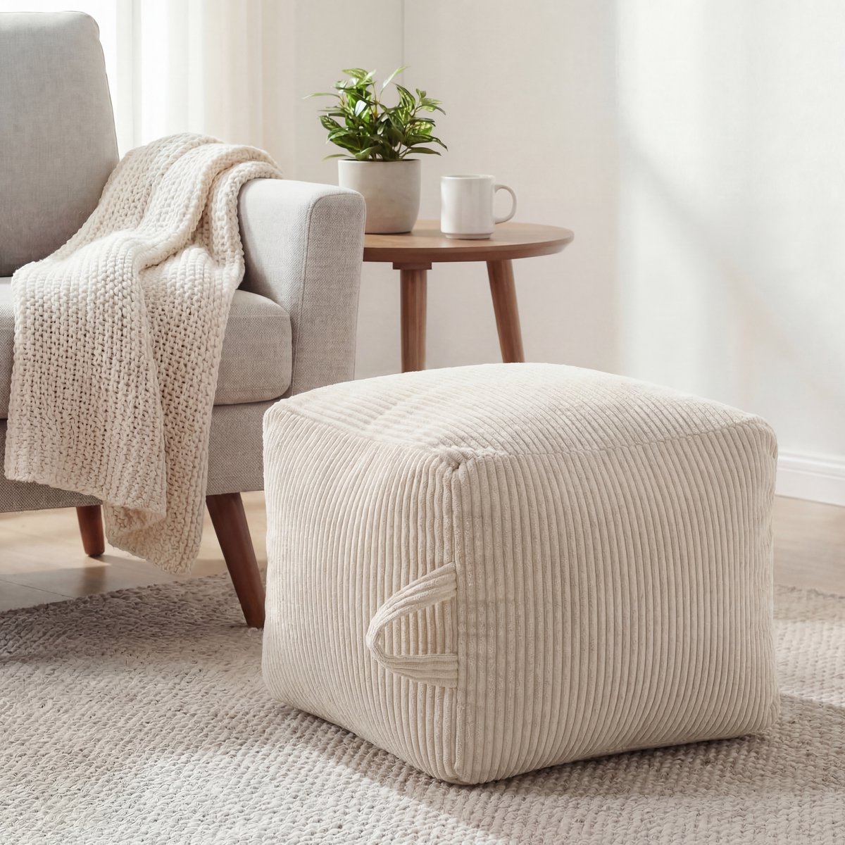 SHANNA Vierkante Poef - Zachte Corduroy - 50×50×35 cm - Crèmewit - Afneembare ritshoes - Multifunctionele voetensteun