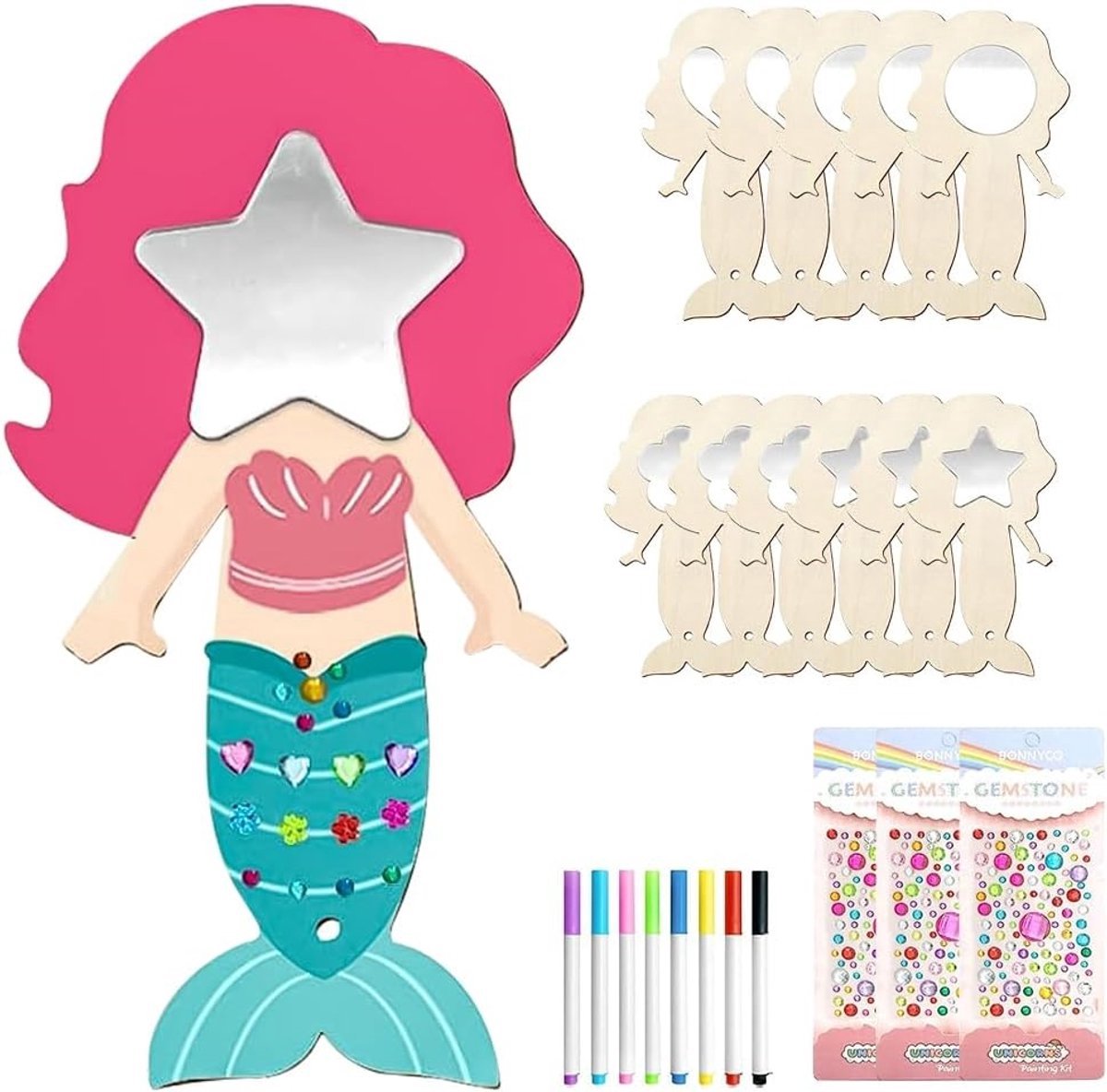 Casalora 12-delige Zeemeermin Knutselset – DIY Mini Prinsessen Spiegel voor Kinderen – Houten Spiegel om te Schilderen – Creatieve DIY Handwerk Activiteit