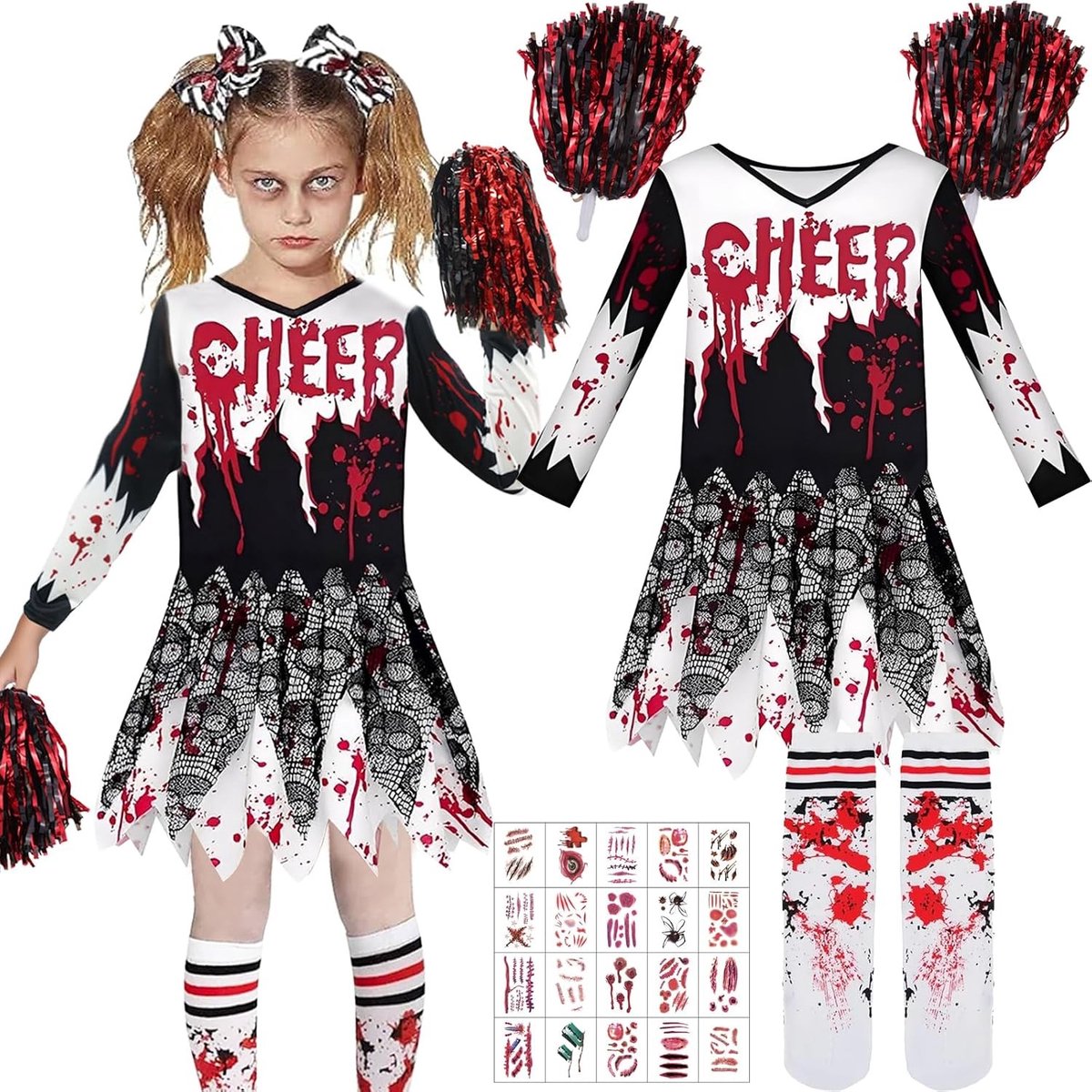 Halloween Kostuum Meisjes Cheerleader Outfit voor Kinderen met Pompoms, Sokken en Tattoo Stickers voor Feesten en Carnavalsactiviteiten