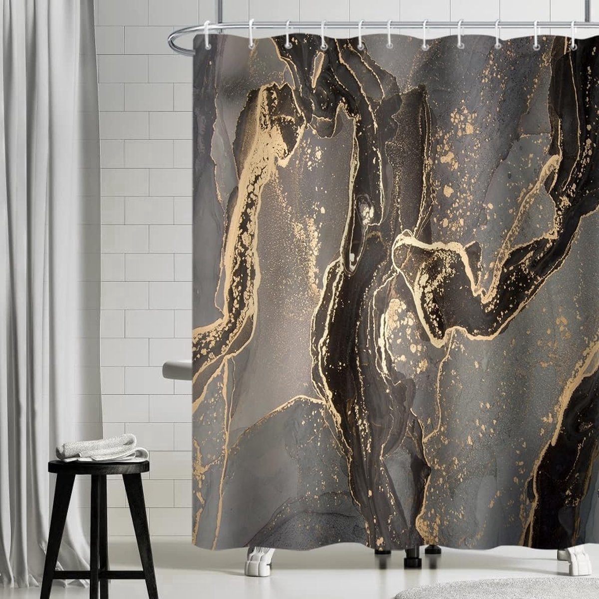 Douchegordijnen-Zwart goud marmeren textuur-Anti-schimmel waterdicht-Polyester-Wasbaar-met 12 haken-180 x 200 cm