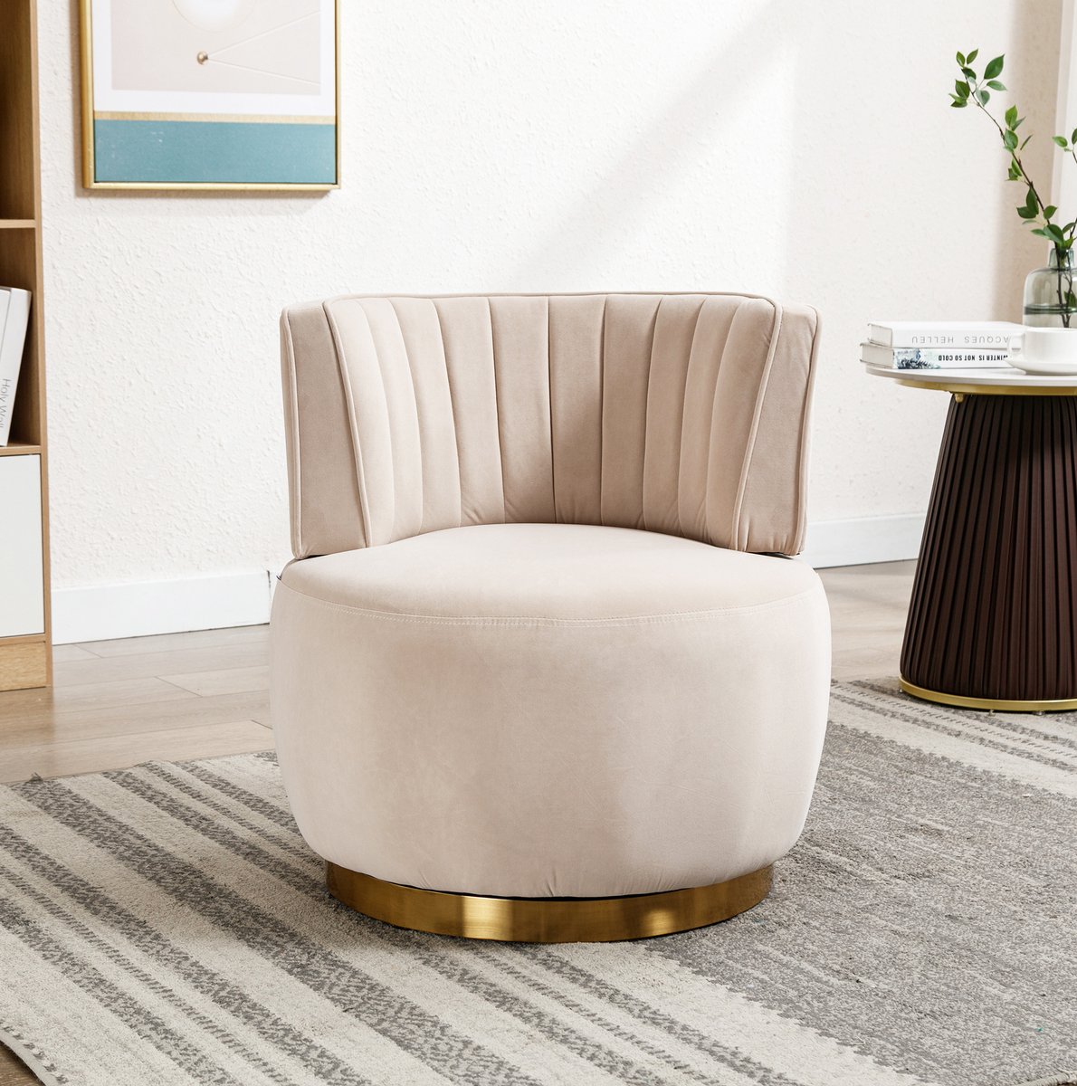 REDOM - Fauteuil - 360° draaibaar - ronde rugleuning - dik schuimkussen - moderne stijl - woonkamer slaapkamer studeerkamer - Velvet - Beige - 62,5 x 62 x 69,5 cm