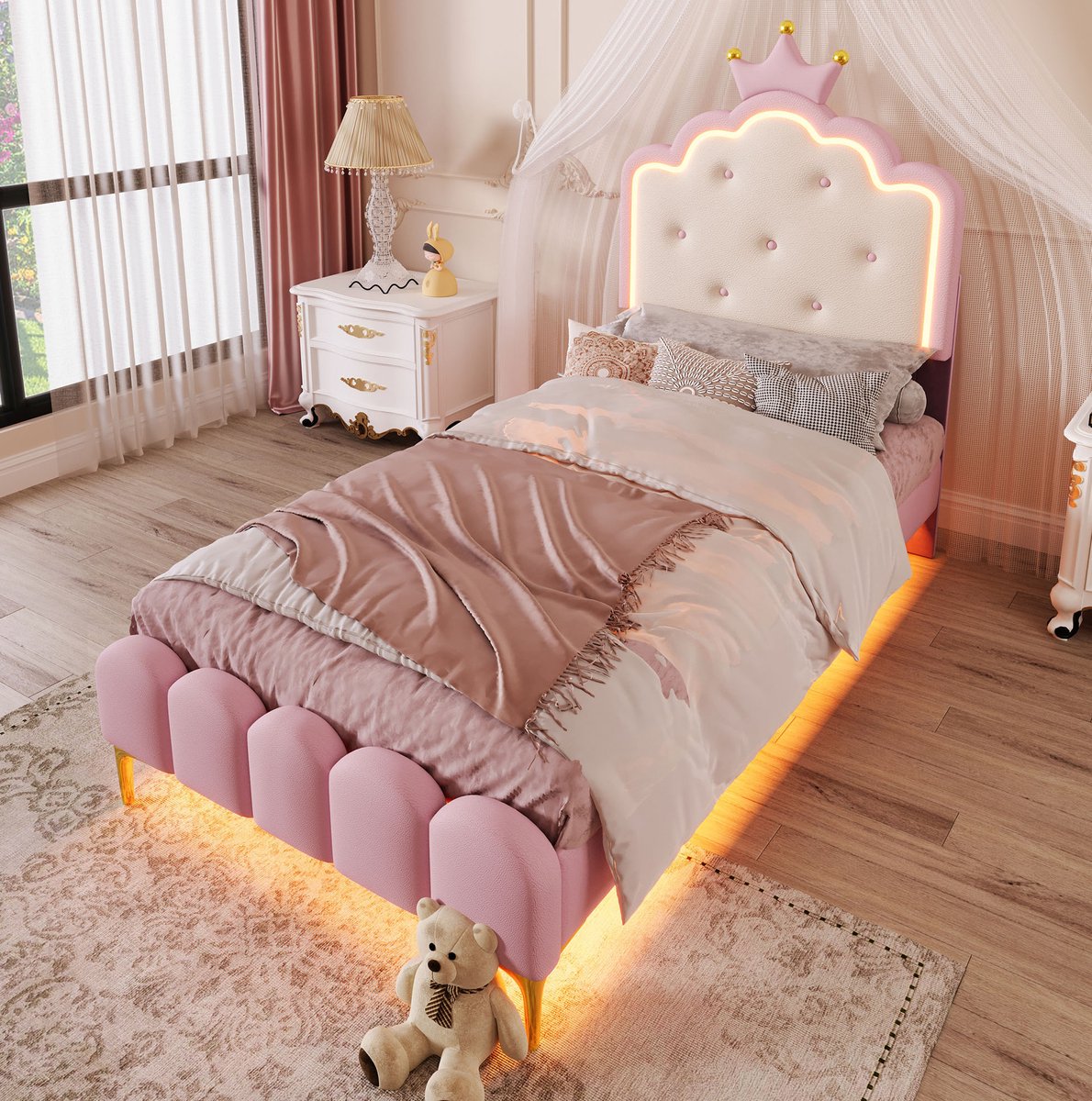 REDOM - Bed - Kroonprinsesvorm - Lattenbodem en LED-omgevingslicht met afstandsbediening - Prinsessenstijl - Kindkamer - Kunstleer en MDF - Roze - 90 x 200 cm