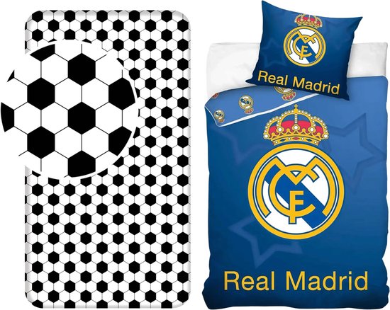 Real Madrid slaapkamerset met dekbedovertrek met clublogo en hoeslaken met voetbalpatroon.