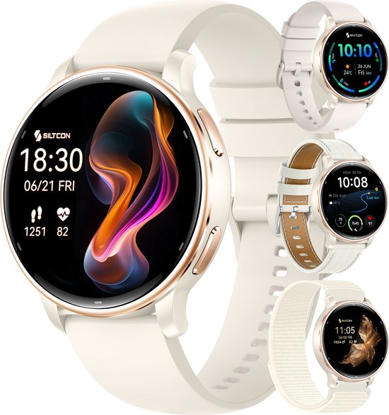 Siltcon® Auréa Pro - GPS Smartwatch Dames Beige Champagne Gold- Horloge Dames - Stappenteller Horloge Dames - Sporthorloge Dames - Hartslagmeter - Slaapmonitor - Saturatiemeter - Belfunctie - Universeel - AMOLED - RVS - Elke pols - Strava - 4 Bandjes