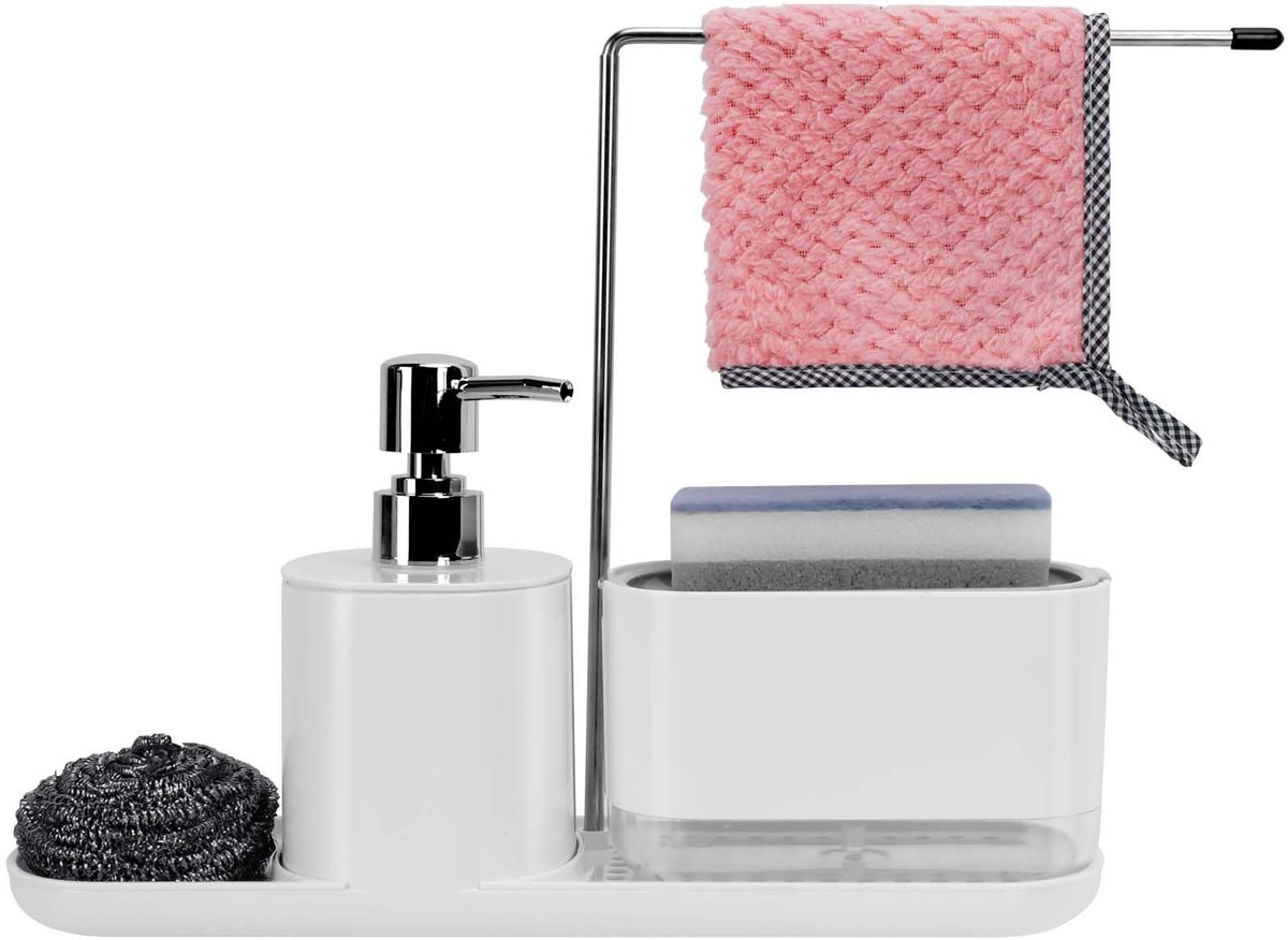 Spoelbak Organizer - 3-in-1 Zeepdispenser Sponshouder - Voor Keuken - Wit
