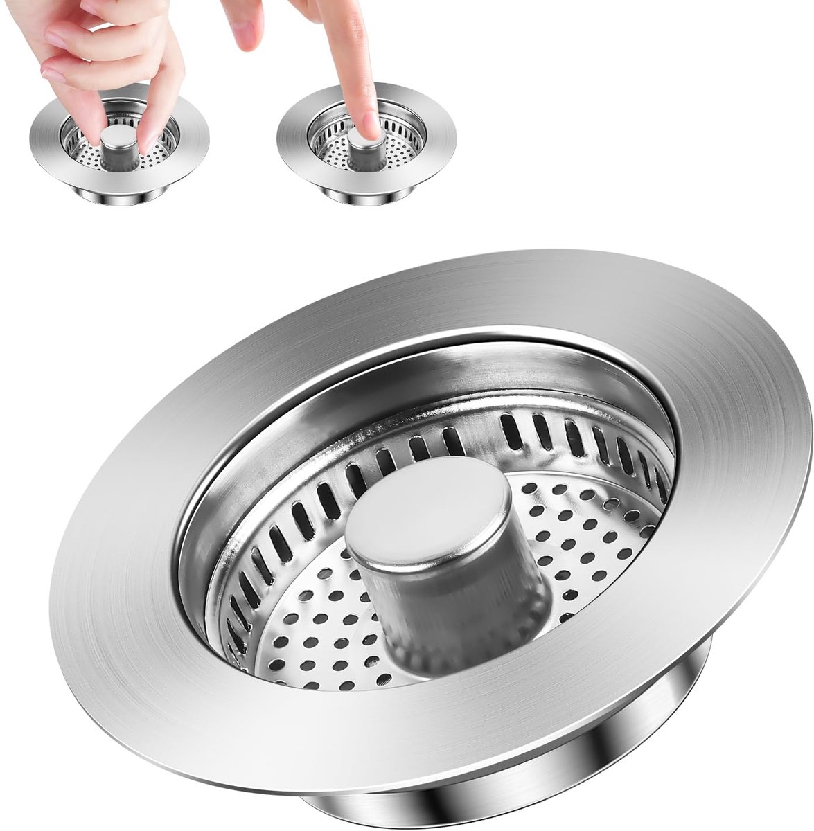 3-in-1 Pop-Up Afvoerstop - RVS met Zeef en Anti-Verstoppingsmandje - voor Keukenspoelbak en Wastafel - voor boring 75-86 mm
