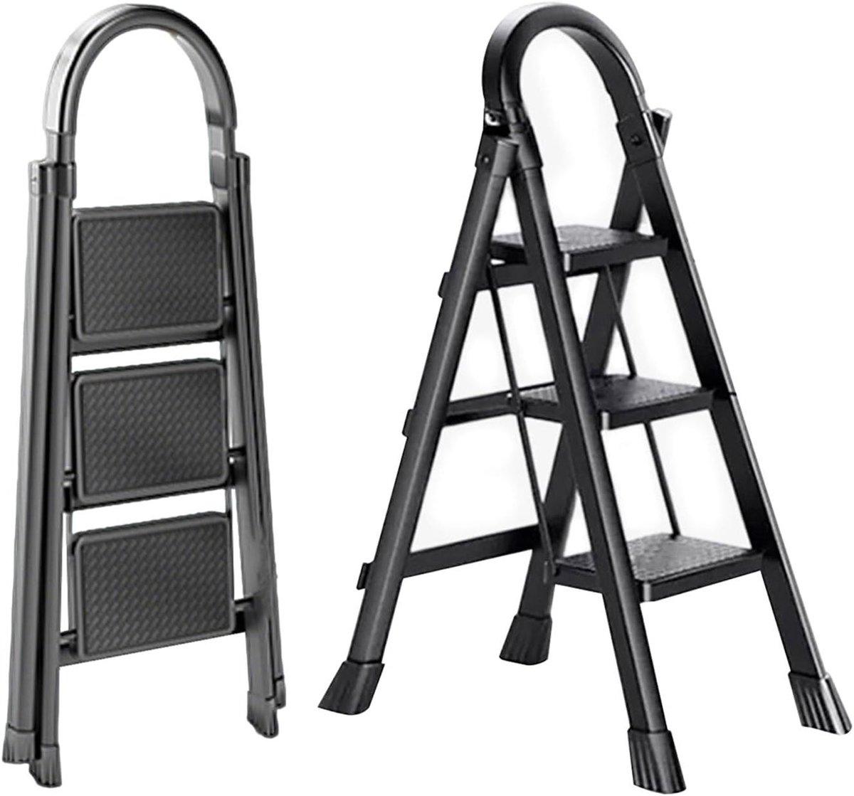 Inklapbare trapladder - Ladder met leuning - Huishoudelijk werk - Antislip brede treden - 3 treden - Zwart