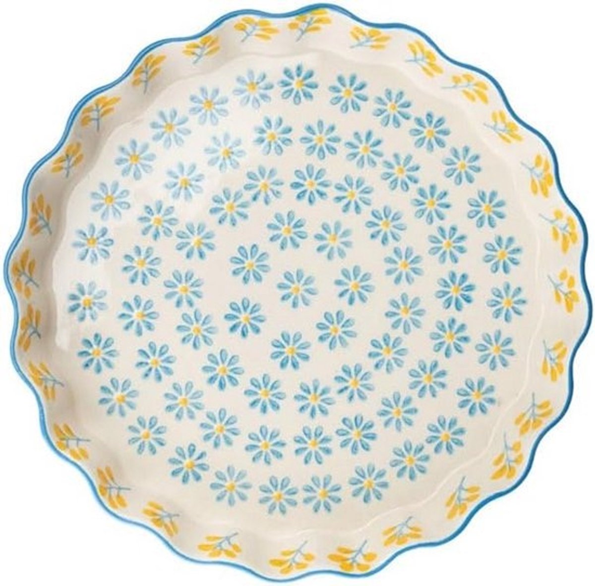 Handgemaakte Steengoed Quichevorm met Stempelprint Blauw/Geel