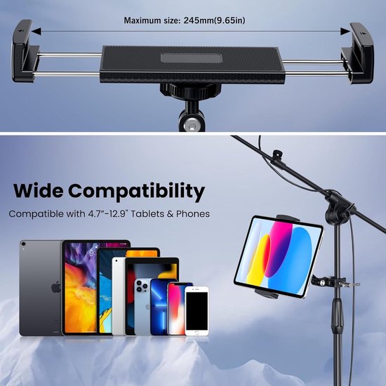 Uitschuifbare tabletklem met een maximale breedte van 245 mm. Groepstabletten en telefoons van 4,7-13 inch in het onderste deel.