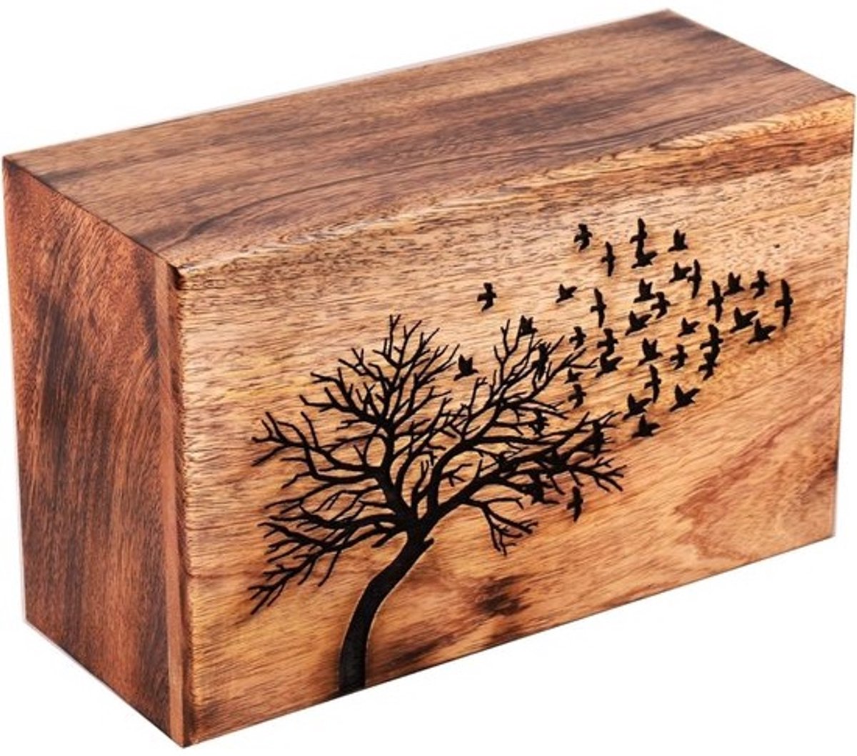 Houten Urn voor As van Mensen - Levensboom en Vliegende Vogel Ontwerp