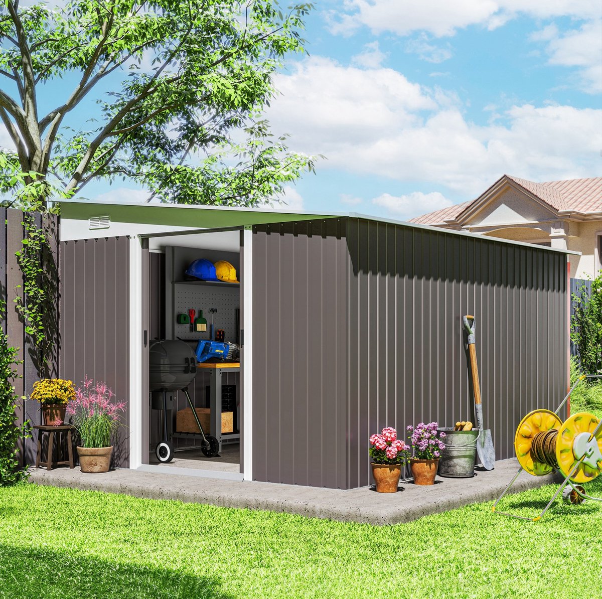 COVREO Berging 280x345x201 cm grijs staal - met schuifdeuren - afsluitbaar - voor tuinopslag