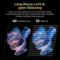 Visuele demonstratie van 'Laag Blauw Licht' en 'Flikkervrij' met een blauwe vechtersvis, zonder en met strepen.