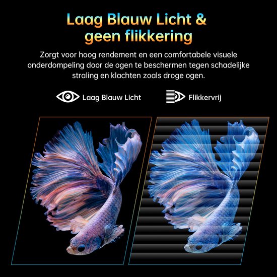 Visuele demonstratie van 'Laag Blauw Licht' en 'Flikkervrij' met een blauwe vechtersvis, zonder en met strepen.