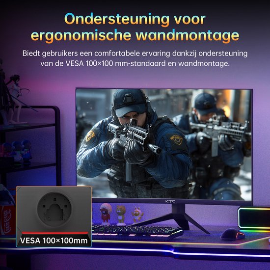 Gaming monitor op bureau, toont soldaten op het scherm en VESA 100x100mm montage-optie.