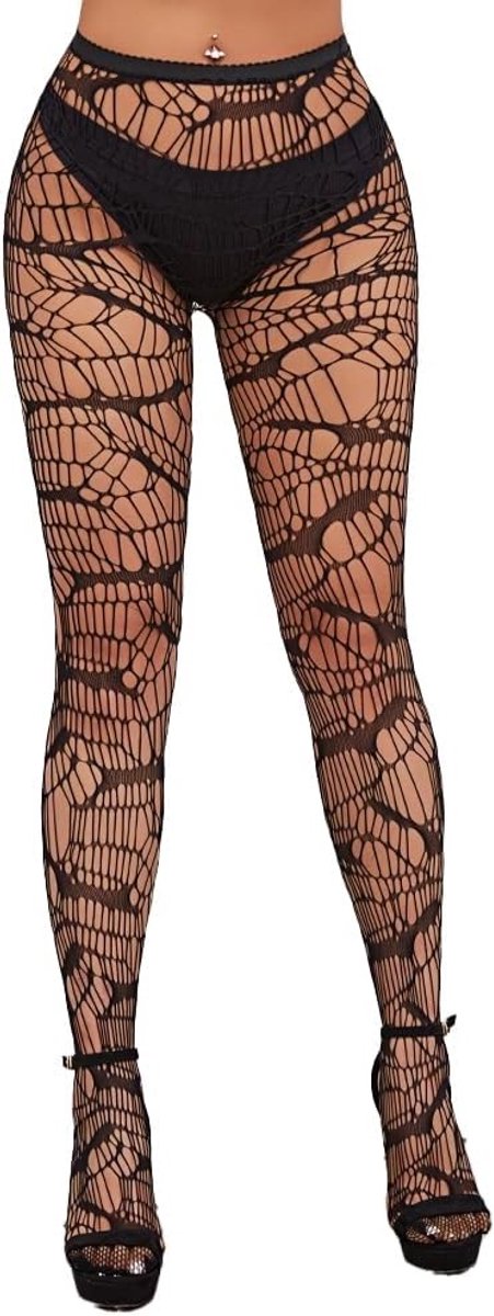 Zwarte visnetkousen met Halloween-patroon voor vrouwen, sexy en trendy visnetpanty’s voor feestjes en evenementen
