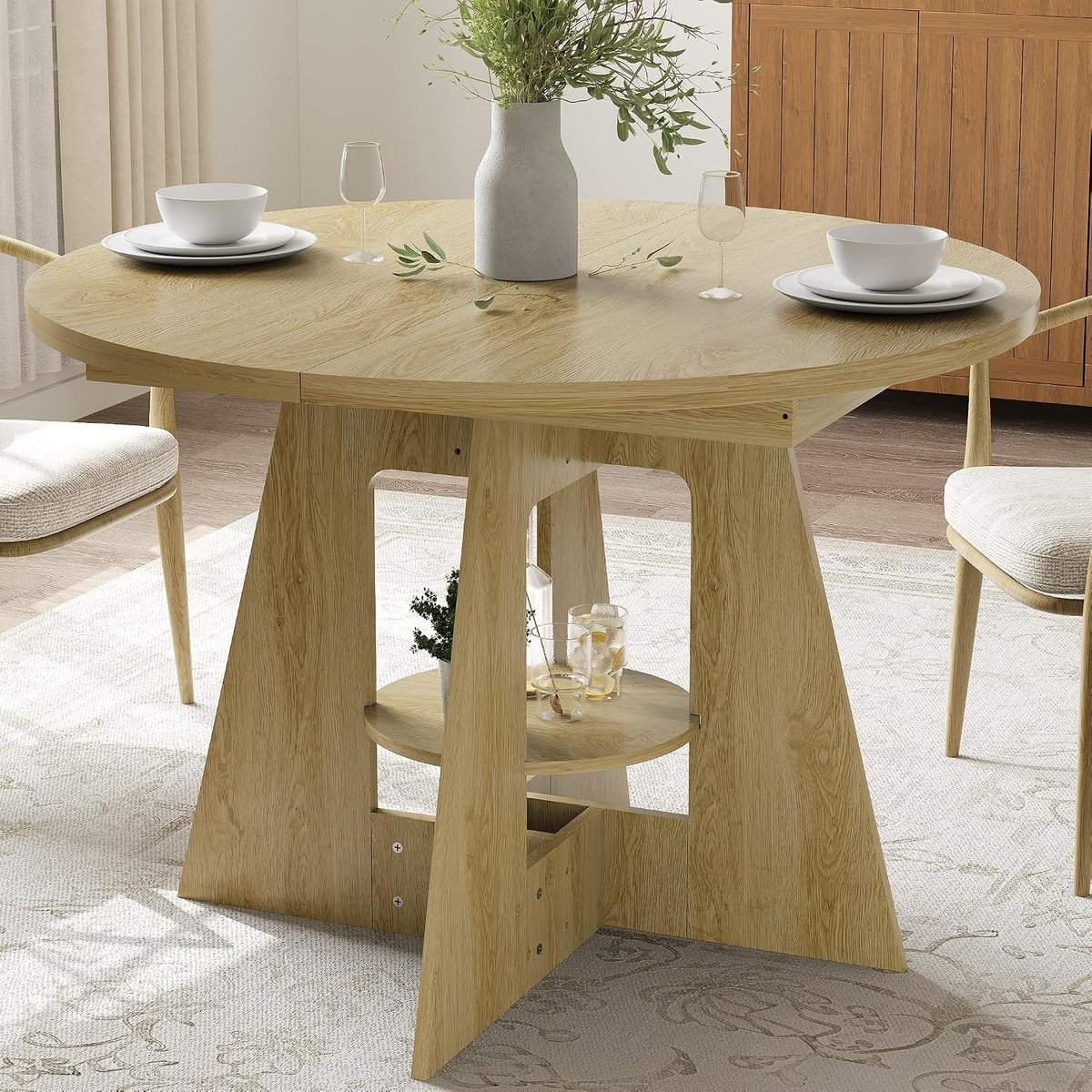 Ronde eettafel met opbergplank – Moderne houten keukentafel – draagvermogen 500 lbs – krasbestendig oppervlak – kruisvoet – 110×110×76 cm – Houtkleur