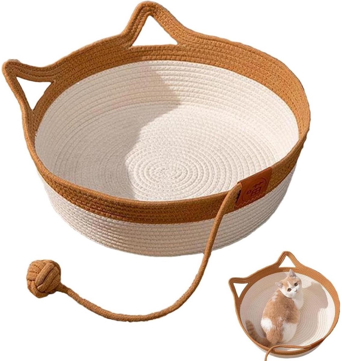 SSTRWGOOD Kattenmand van katoenen touw - 45 x 45 x 15 cm - Zonder mat - Ronde grote kattenmand - wasbaar - inclusief speelbal van katoenen touw - Geschikt voor alle katten