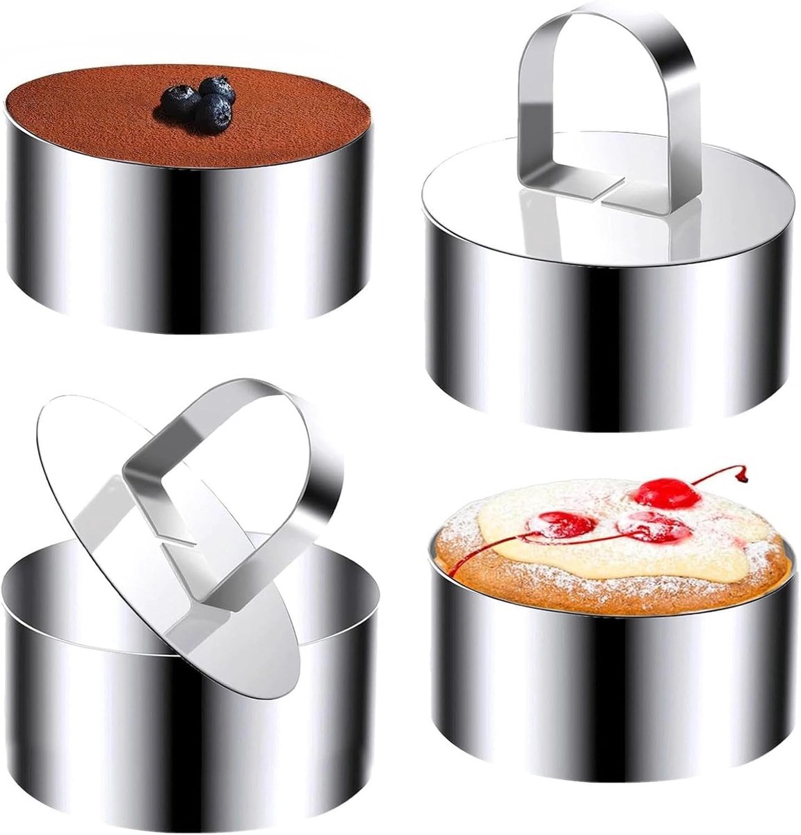 Bakvormen - 4 stuks - 7,9 cm - met duwer - roestvrijstalen taartringen - doe-het-zelf keukengerei voor desserts - makkelijk los te maken ringen - ronde taartringen - bakringen - geschikt voor koekjes en zelfgemaakte desserts - zilver - rond