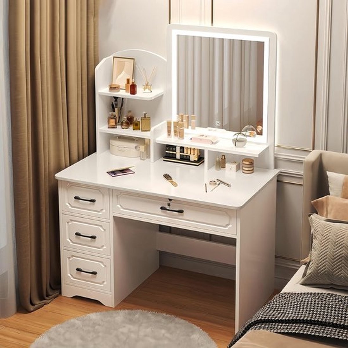 Kaptafel Met Verlichting - Make-up Tafel Meubel - Persoonlijke Verzorging - Inclusief Spiegel - 80x40x137cm