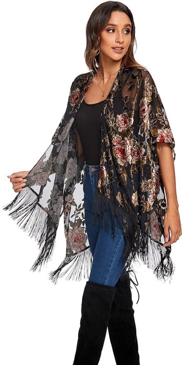 Lange Fluwelen Kimono Vest voor Dames met Pompons - Bohemian Stijl
